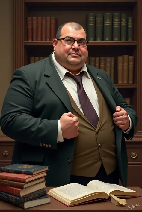  His name is David Agbal, a bit full of flesh with glasses, A scholar with little hair , Computer ,  .  One hand holds the front of his jacket with the other hand around the table bookshelves and a set of tables written in Arabic.