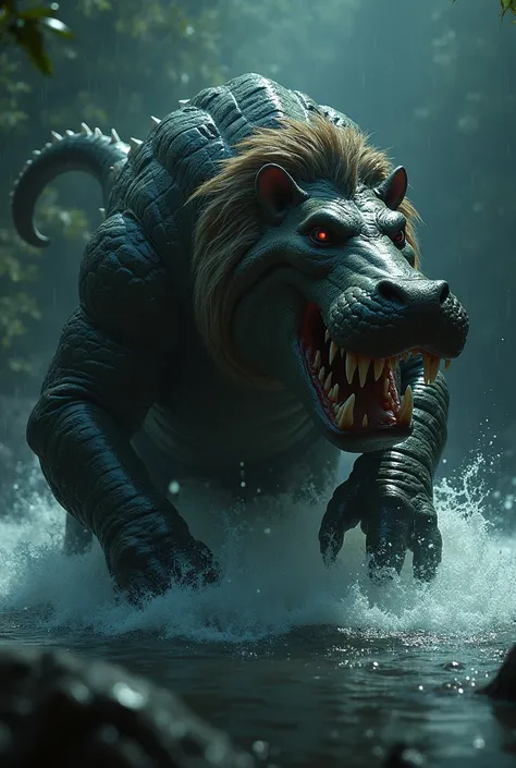  A creepy monster with the head and tail of a Nile crocodile, The body of a hippopotamus ,  patad and mane of a lion ,  coming out of a river at night 