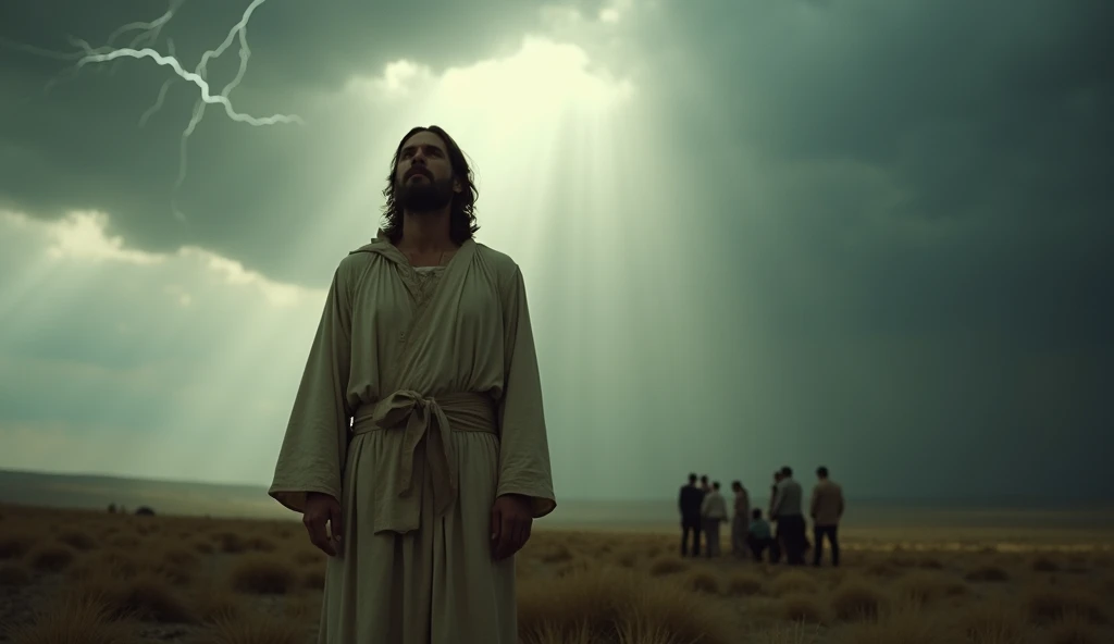 A dramatic, atmospheric shot showing Caviezel, after the lightning incident, continuing to deliver his lines as Jesus during the Sermon on the Mount. Despite the earlier shock, he stands tall and resolute, with a sense of divine purpose in his eyes. The st...