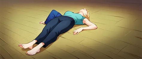 (caucasian ethnicity) masterpiece , 4k, high quality, tsunade, barefoot, alone, at home, wearing boring ,  taekwondo pants on th...