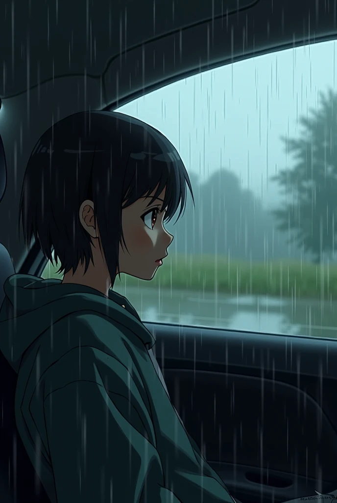 A dark-skinned anime-style teenager in the backseat of a car watching the rainy landscape from the car