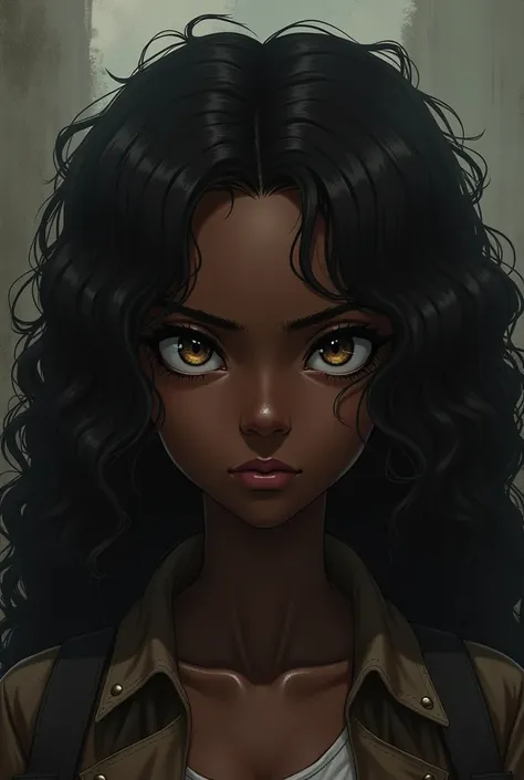 A black girl with long curly hair and sleepy eyes and full lips with attack on titan art style 