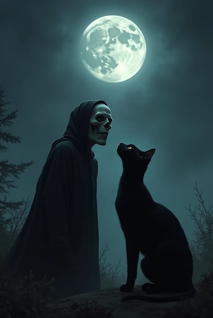 A black cat with legs and a white psycho, watching the moon 