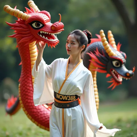 a woman wearing a white kimono with the words WOW388 in the middle of the waist. Who was playing in the park with two red and black dragons