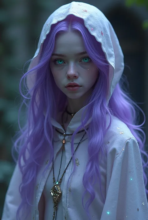 Skin: Porcelain white
Eyes: Teal, glowing faintly with an ethereal glow
Hair: Long, shifting purple hair that seems to change hues as she moves, giving a sense of otherworldly presence
Clothing: A cosmic-patterned cloak that glows softly with dimensional e...