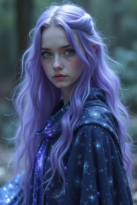 Skin: Porcelain white
Eyes: Teal, glowing faintly with an ethereal glow
Hair: Long, shifting purple hair that seems to change hues as she moves, giving a sense of otherworldly presence
Clothing: A cosmic-patterned cloak that glows softly with dimensional e...