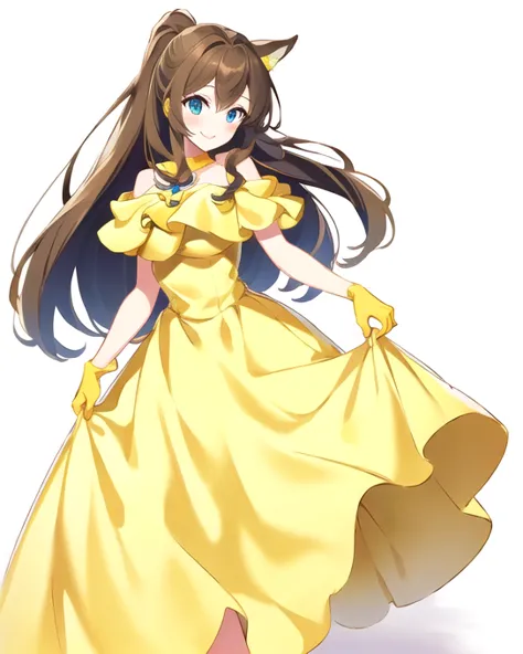 1 girl, female character with tied brown hair , light skin,  hazel eyes ,  she wore a yellow off-the-shoulder party dress and ma...