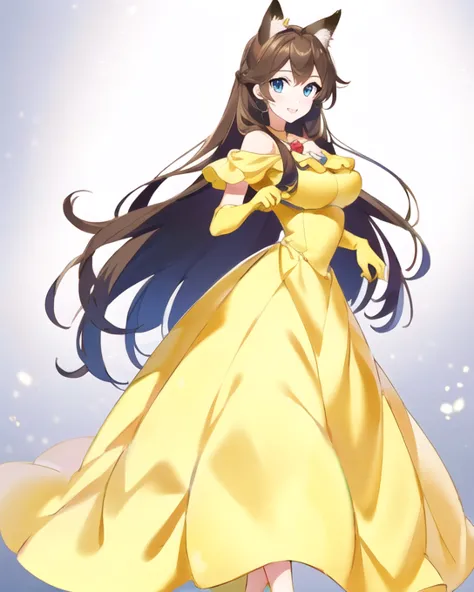 1 girl, female character with tied brown hair , light skin,  hazel eyes ,  she wore a yellow off-the-shoulder party dress and ma...