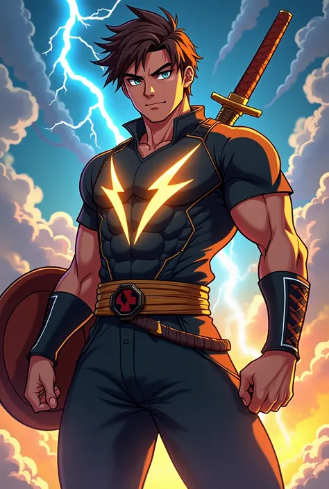 Create a picture of a male character animated comic style who has brown short hair and is sporty and wears samurai like clothes with lightning on his chest and sparkling lightning eyes and he should be shown full body in the sky full of lightning and a swo...