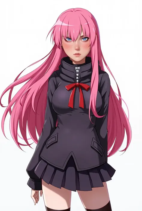  Play the character in the traits of Togashi author of Hunter x Hunter, Play in the traits of the anime Hunter x Hunter , make on a white background, Do the characters entire body up to the feet. She has long pink hair with square and straight bangs ,  wea...