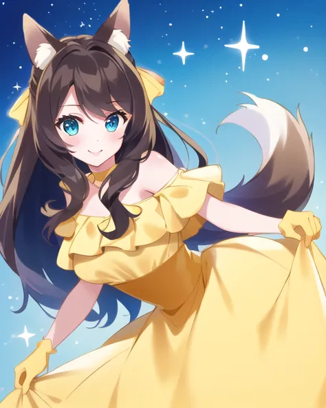 1 girl, female character with tied brown hair , light skin,  hazel eyes ,  she wore a yellow off-the-shoulder party dress and ma...