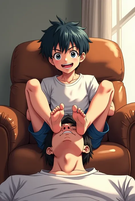 An anime boy wearing shorts is sitting on a leather chair and putting his feet on a mans face