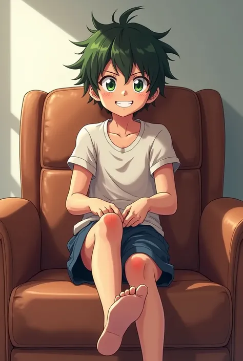 An anime boy wearing shorts is sitting on a leather chair and putting his feet on a mans face