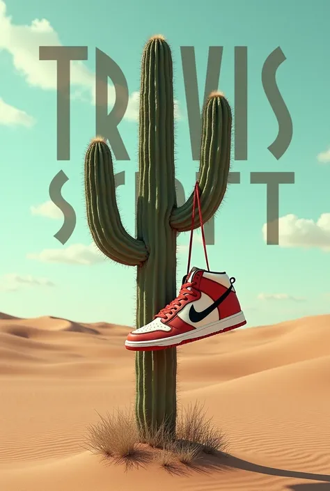  Create a quadrangular image in a desert with Nike Dunk Panda hanging from a cactus (plant) with the name “TRAVIS SCOTT” prominently displayed in the background , The name is important to be highlighted 