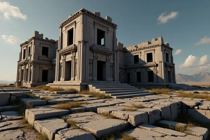 in a 3D rendering as a reference to a white background , Create a very degraded ancient Ruin built millions of years ago ,  details outline the details with black line traces to enhance edges of the 3D model.  White background global rendering lighting NVI...