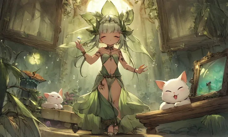 A kitten dances and plays with magical bubbles holding visions of mice and grasshoppers, a cute elven sorceress (cute, scantily clad, mystic tattoos) directs the magical bubbles, Mystic living room
