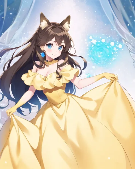 1 girl, female character with tied brown hair , light skin,  hazel eyes ,  she wore a yellow off-the-shoulder party dress and ma...