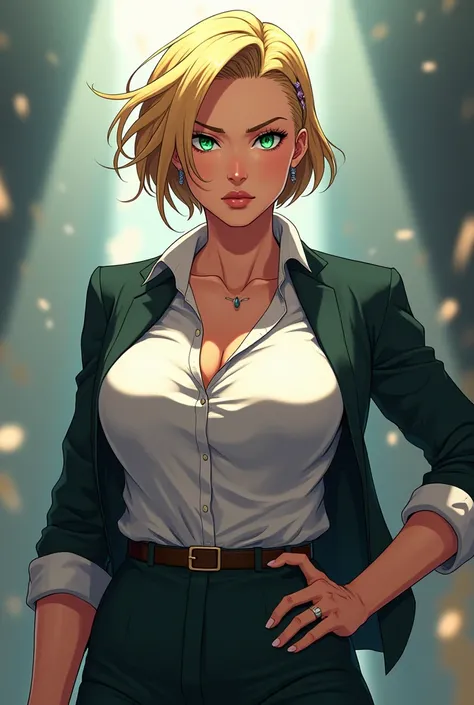 Anime style: a woman with a robust and muscular body with short blond hair,clothing of the head of a billion-dollar company with hair accessories,giant breasts, serious expression , green eyes