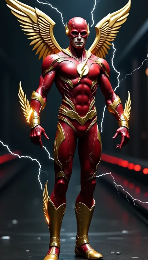 "A hyper-realistic 16k resolution depiction of a fusion between The Flash and Hermes, embodying speed, agility, and divine energy. The character wears a sleek, aerodynamic suit that combines the futuristic design of The Flash with ancient Greek elements. T...