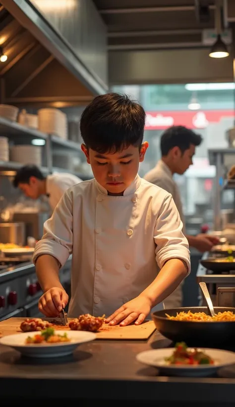 A boy is working in a restaurant.