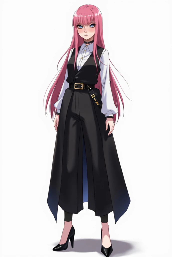  Play the character in the traits of Togashi author of Hunter x Hunter, Play in the traits of the anime Hunter x Hunter , make on a white background, Make the character a . She has long pink hair with square and straight bangs ,  wear a sorcerer vest Jujus...