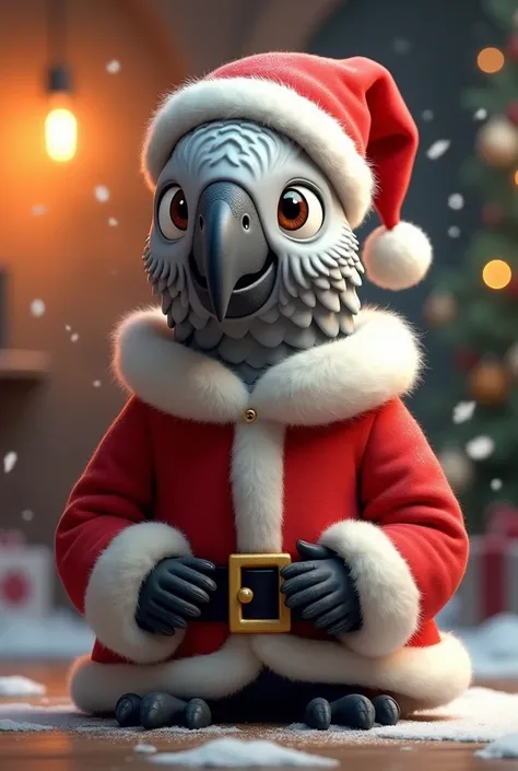 A beautiful gray parrot from Gabon animated with Santa Claus 