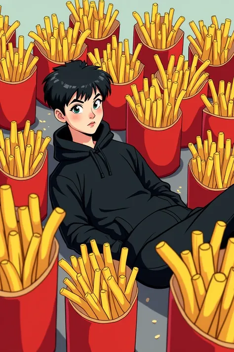 Create a 2D cartoon-style photo of a teenager dressed in black lying on lots of French fries lays in a jar 