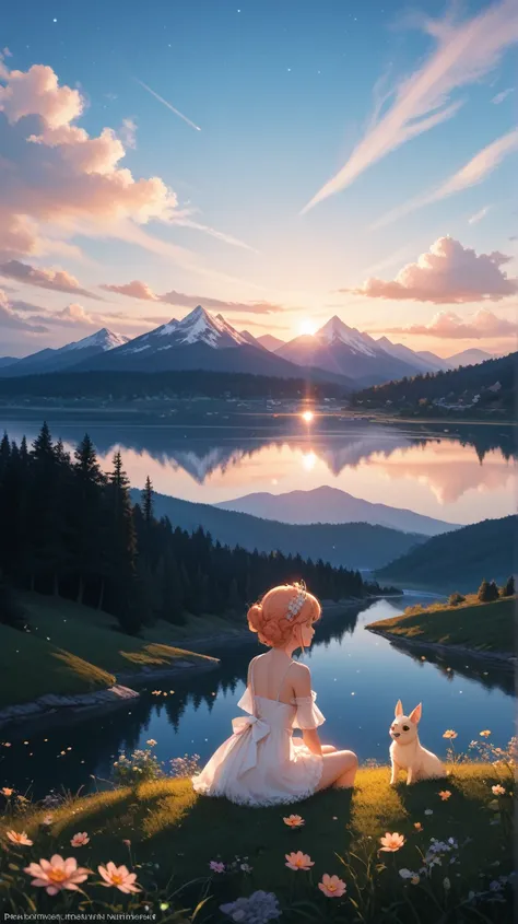 /imagine prompt: Viral anime nature wallpaper in 4K quality, in the style of photography with a 35mm lens inspired by Makoto Shinkai, capturing a breathtaking sunset over a tranquil lake, the sky painted in hues of orange and pink, with a silhouette of mou...