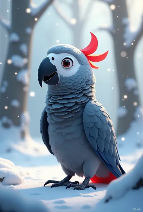 A beautiful gray parrot from Gabon animated in the snow 