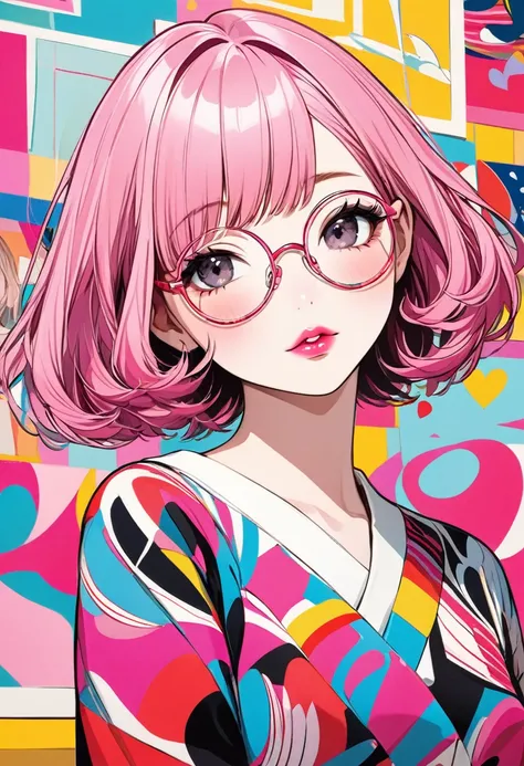 Ultra realism Kusama Yayoi colorful style,  pink hair、 short bob、 wave hair、Round Glasses、Simple Line Initialism，Abstract art，((( the most beautiful girl in the world))), Sweet face. Lips in Love,  fashionable design, Dark Eyes, (((Holiday Room))), (((Cute...