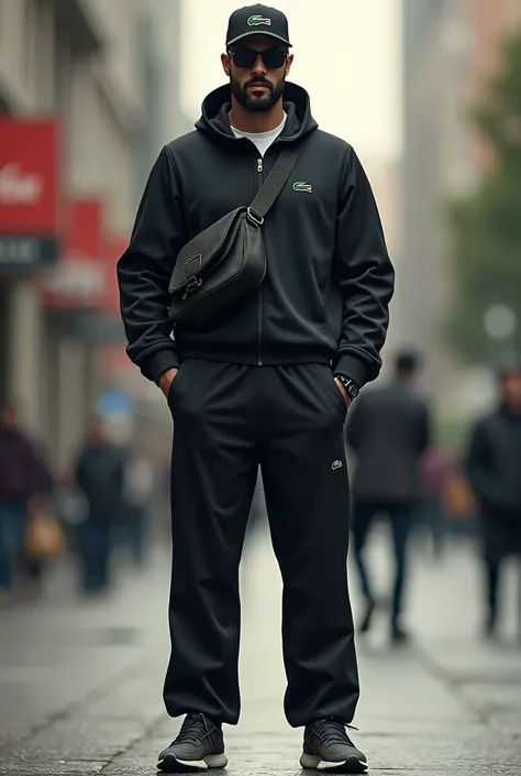 Homme grand avec une casquette avec une barbe noire 
lunettes de soleil habillé survêt Lacoste chaussures de sport avec une sacoche 
