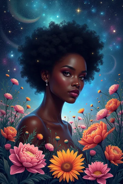  illustration,  black woman , stars, flores, Rio