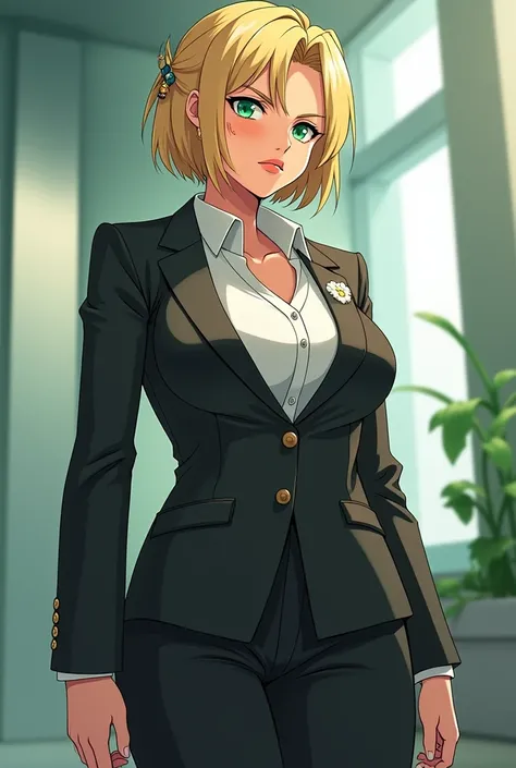 Anime style: a woman with a robust and muscular body with short blond hair,clothing of the head of a billion-dollar company with hair accessories,giant breasts, serious expression , green eyes