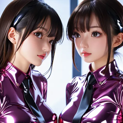 2 Japanese girls buttoned in extremely tight shiny latex blouse, Necktie,Lens reflection, Reflected light, sexual relations 