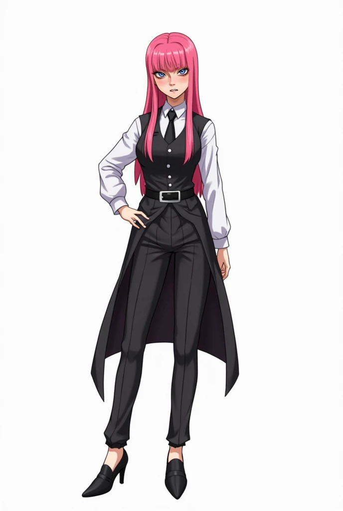   Interpreting the character with the features of Togashi , Author of Hunter x Hunter,  Play with the features of the anime Hunter x Hunter  , Do on a white background , Make the character  .  She has long pink hair with straight and square bangs  ,    wea...