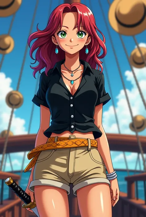 An image in the cartoon style of the anime one piece 1 ,68 thin tall with a thin waist, red hair looking like burgundy, long wavy at the tips and green eyes with an attractive smile, wearing short beige shorts and a black shirt with several earrings and ne...