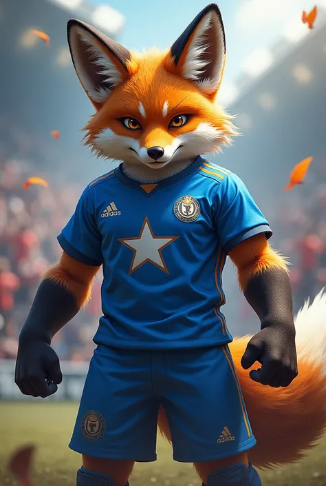 Strong fox, warrior, aggressive, with blue soccer uniform with the five-star emblem on the left side of the chest.