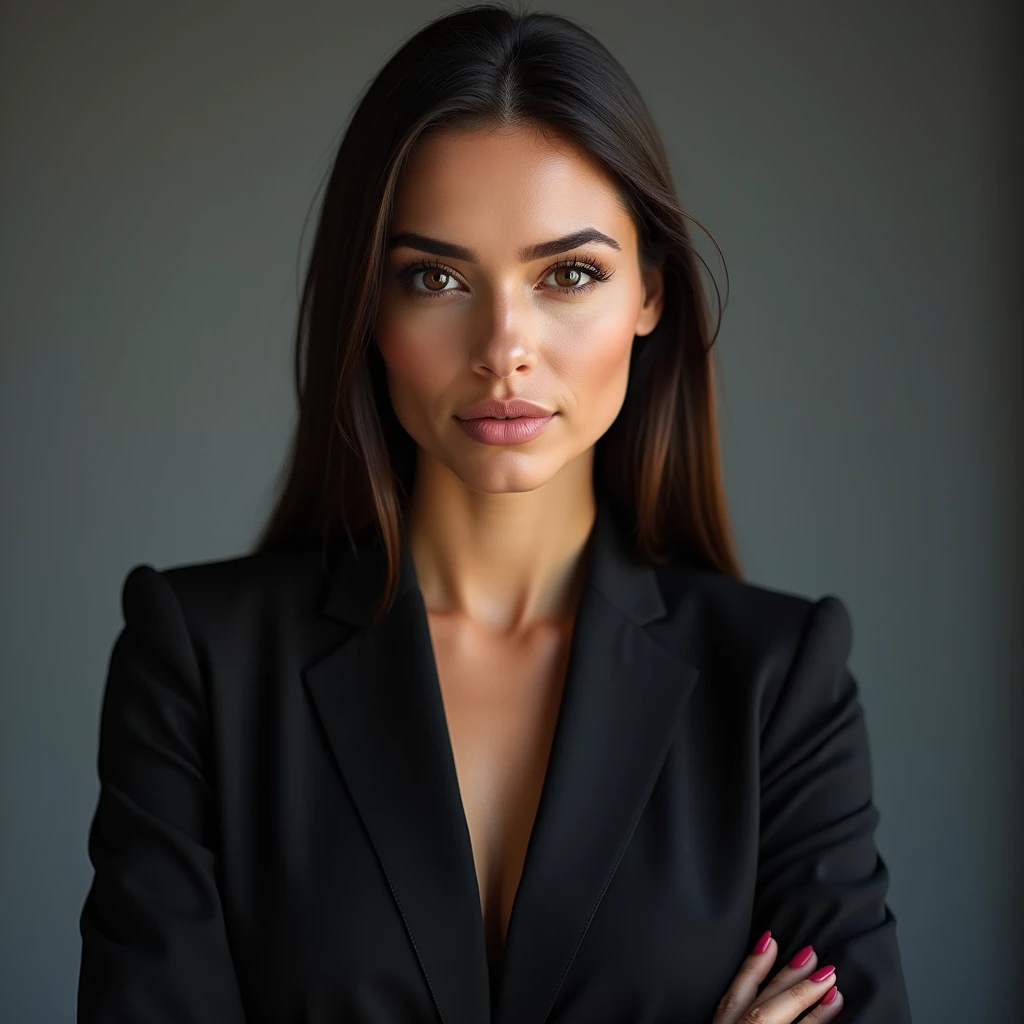  A professional woman of striking presence ,  with deep brown eyes that convey confidence and determination .  Her straightened hair falls elegantly over her shoulders ,  complementing an impeccable tailoring suit . She exudes sophistication and authority ...