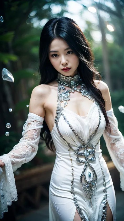 silver hair、(masterpiece,  highest quality , Highest, official art, beautiful and aesthetic, exposed for a long time: 1.2), smooth movement, attractive pattern, 1 girl, (long dress with sleeves: 1.3), (((white clothes) )), Upper body close-up, bare shoulde...