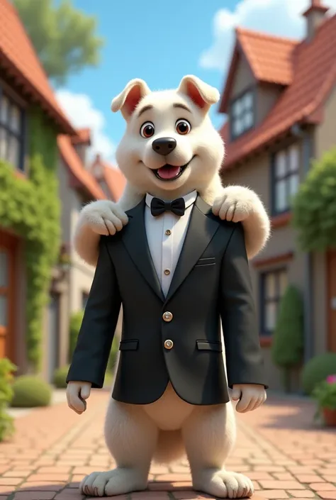 the dog has white hair and put a tuxedo on the villages body