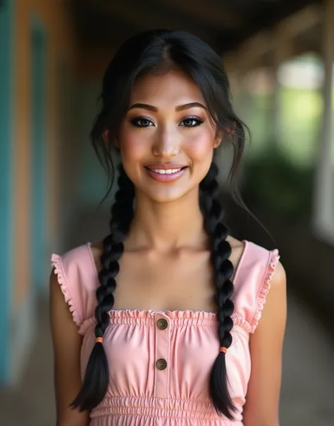 photo of 17-year-old Laotian Thuy is petite, with a slender, delicate frame. She has long, silky black hair worn in two braids, framing her youthful, heart-shaped face. Her skin is smooth and fair, with a slight tan from working outdoors. Her dark brown ey...