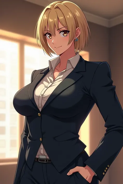 Anime style: a woman with a robust and muscular body with short blond hair,clothing of the head of a billion-dollar company with hair accessories,giant breasts, serious expression 
