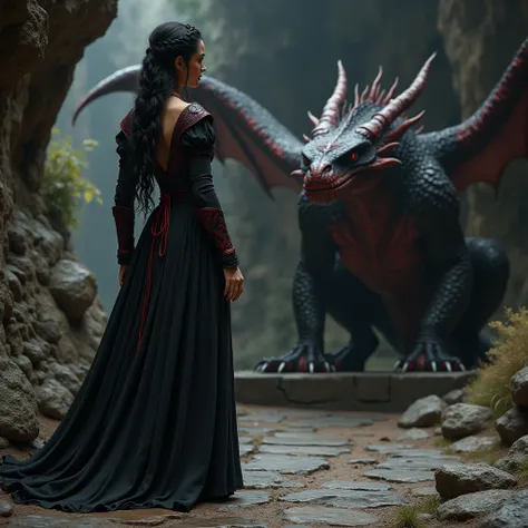   A woman with black hair steht seitlich, and braided strands ,  a black long dress that goes down to the ground ,  with red ditails and knie hohe black boots with red ,  in the background dark stone caves with a stone throne ,  a big black-red  dragon, fa...