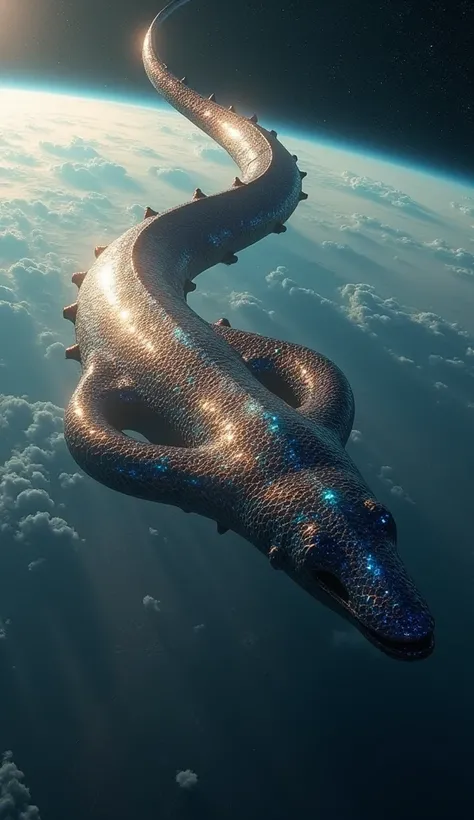 The Celestial Serpent

Long and serpentine, the ship glimmers in shades of bronze and blue. Its surface is covered with scales that shift colors as it glides through Earth’s orbit. While flying over cities, it emits electromagnetic pulses that shut off lig...