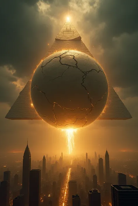 A dark, foreboding sky filled with massive, floating pyramids dominates the scene. Below these pyramids, a large, cracked spherical object hovers, appearing to be in a state of disintegration. Golden light emanates from the cracks, illuminating a sprawling...