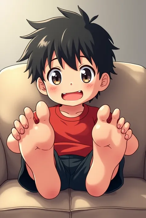 The feet of an anime boy wearing black shorts and a red shirt and raising his sleeves with his sweaty soles and sitting on a sofa