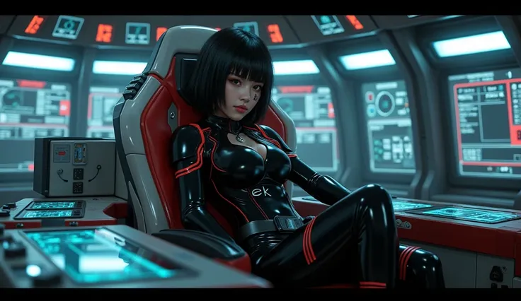  Best Quality ,  masterpiece ,  ultra high resolution , ( photorealistic :1.4),  RAW photo, 1 girl, cabello oscuro,  dramatic lighting ,  full body , bitch, Gantz style body ,  big breasts,  On my way to shopping,  Sitting on the captain &#39; chair in the...