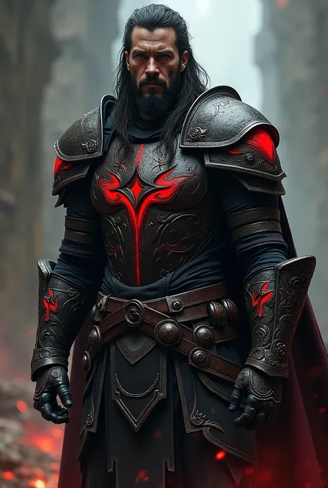  Man with long black hair with a tattoo on his left eye,  he wears black armor with tribal paintings on it , The armor shows a red light , He wears huge metal gloves to fight enemies 