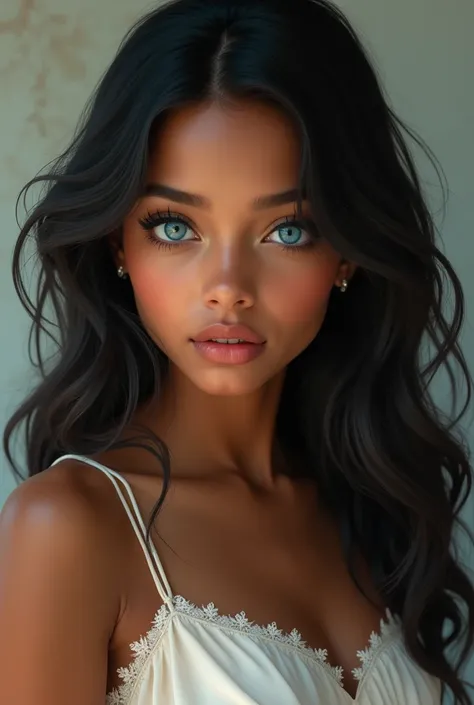 Create a portret of black haired, bronze skinned, blue eyes girl of 17 to 20 years 