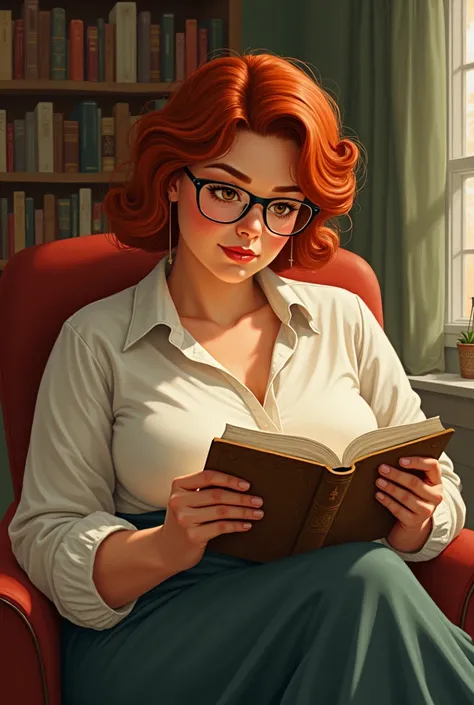 Illustration of fat white woman with short, curly red hair and honey-colored eyes reading 